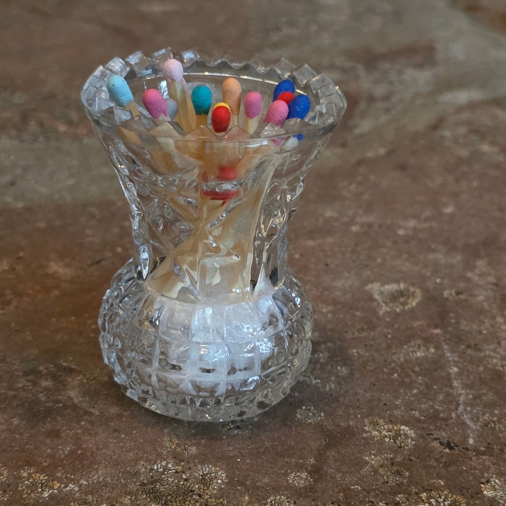 Vintage Miniature Cut Glass Toothpick Holder Match Strike Thistle Shape Clear